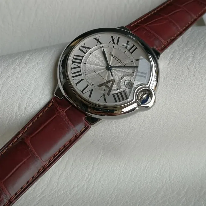 top-tier watch Cartier men's white dial blue balloon series leather strap watch side view