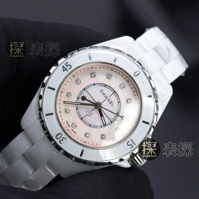J12 series Chanel1:1replica hand bezel diamond lume pink plate steel bracelet front view