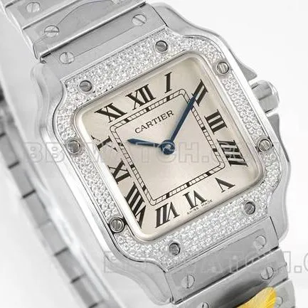 top-tier watch Santos Cartiersilver dialdiamond bezelquartz movementfront live photo