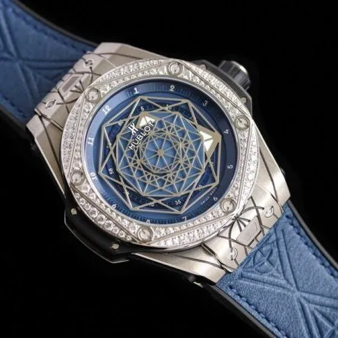 top-tier watch Hublot series tattoo OEM1:1 open mold white steel blue dial ring diamond men's mechanical watch detail shots