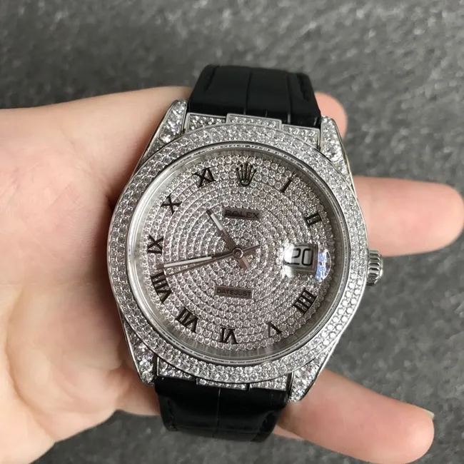 top-tier watch Rolex men's gray plate black belt log series baby's breath automatic movement crocodile leather strap watch front view