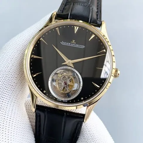 top-tier watch Jaeger-LeCoultre master series tourbillon men's black dial black belt fully automatic movementleather strap watch front view