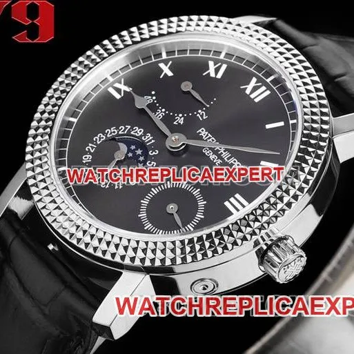 collectible watch complication timepiece V9 FactoryPatek Philippeblack dial leather braceletfront live photo