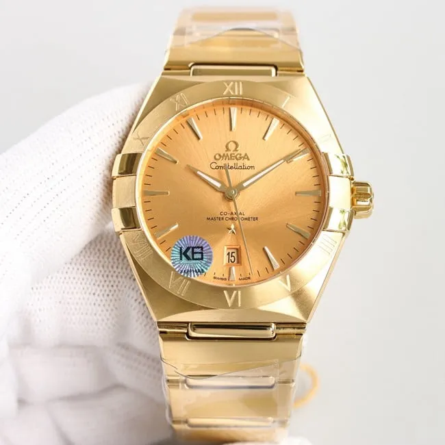 Top Omega 5th Generation Constellation Series Gold Plate Gold Silver Steel Strap Men's Earth Watch Front View