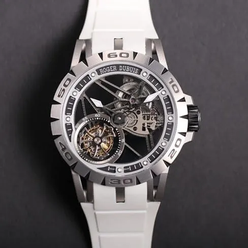 JB Factory top Roger Dubuis Excalibur series automatic mechanical tourbillon black dial white rubber strap watch detailed pictures