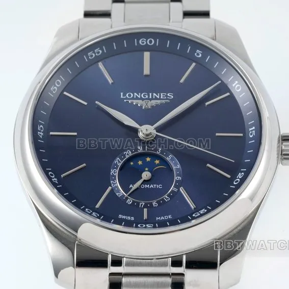APS factory Longines watchmaking tradition 1:1top-tier replicablue dialmoon phasesteel bracelet model L2.909.4.92.6front live photo
