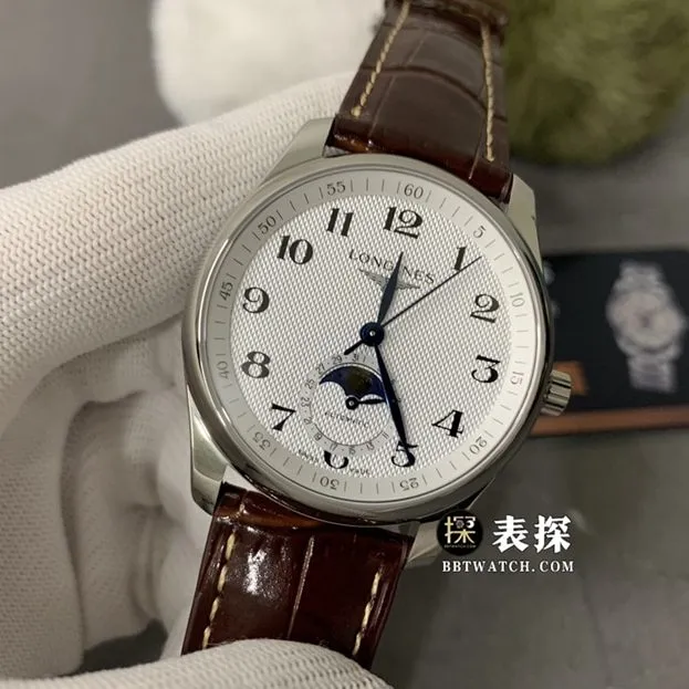 GS factory Longines watchmaking traditional top-tier 1:1super watch men's silver wheat plate moon phaseleather strap model picture and price front live photo